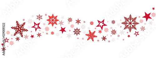 red snowflakes and stars on white background 
