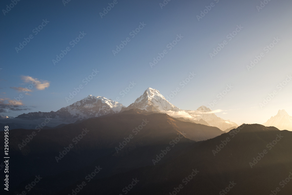 View from Poon Hill with sunlight, Annapurna mountain range at Himalaya Nepal, Poon hill is the famous view point in Ghorepani village
