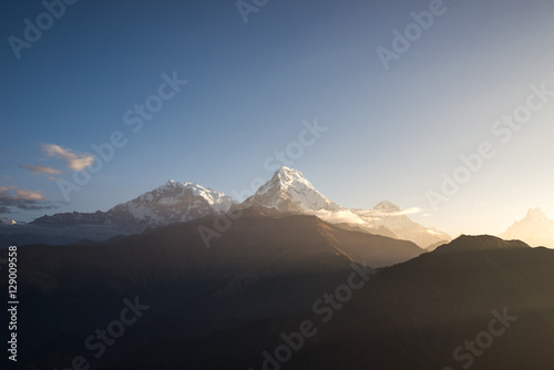 View from Poon Hill with sunlight  Annapurna mountain range at Himalaya Nepal  Poon hill is the famous view point in Ghorepani village
