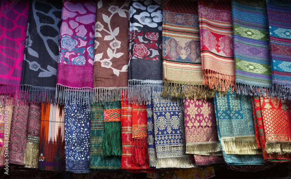 Colorful handmade batak-style scarfs at the market, Lake Toba, Indonesia