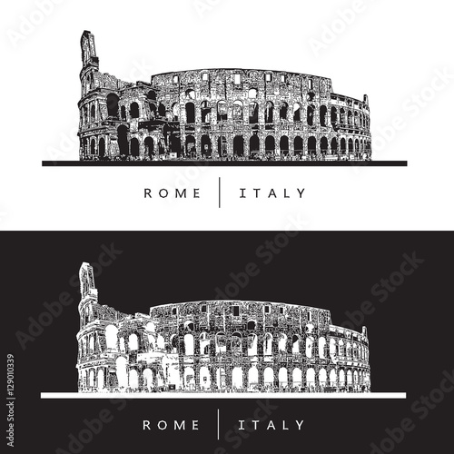 Old amphitheater Coliseum - famous tourist symbol of Rome, Italy. Vector Image.
