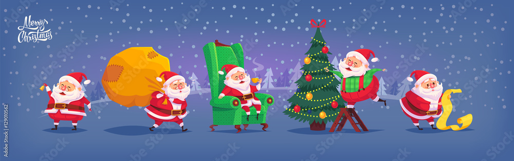 Collection of cartoon vector Santa Claus icons. Christmas illustration