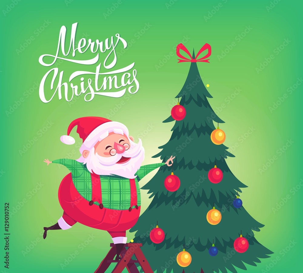 Cute cartoon Santa Claus decorating Christmas tree Merry Christmas vector illustration Greeting card poster Cute cartoon Santa Claus decorating Christmas tree Merry Christmas vector illustration Greeting card poster