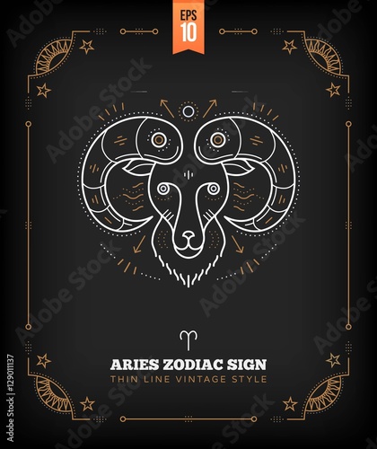 Vintage thin line Aries zodiac sign label. Retro vector astrological symbol, mystic, sacred geometry element, emblem, logo. Stroke outline illustration.
