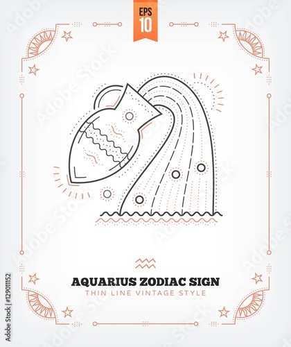 Vintage thin line Aquarius zodiac sign label. Retro vector astrological symbol, mystic, sacred geometry element, emblem, logo. Stroke outline illustration. Isolated on white background.