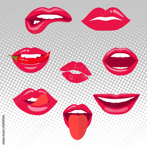 Woman lips set. Mouth with a kiss, smile, tongue, emotion. Vector illustration isolated on halftone background. Red lipstick makeup expressing different emotions.