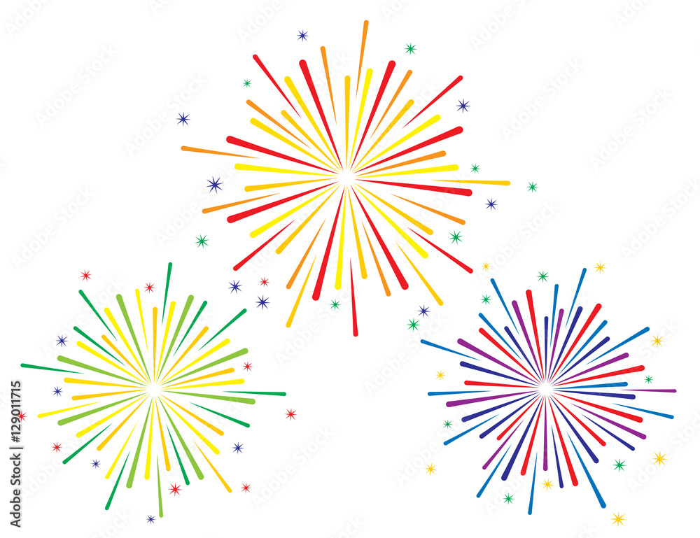 Vector illustration of colorful fireworks set, isolated, on white background