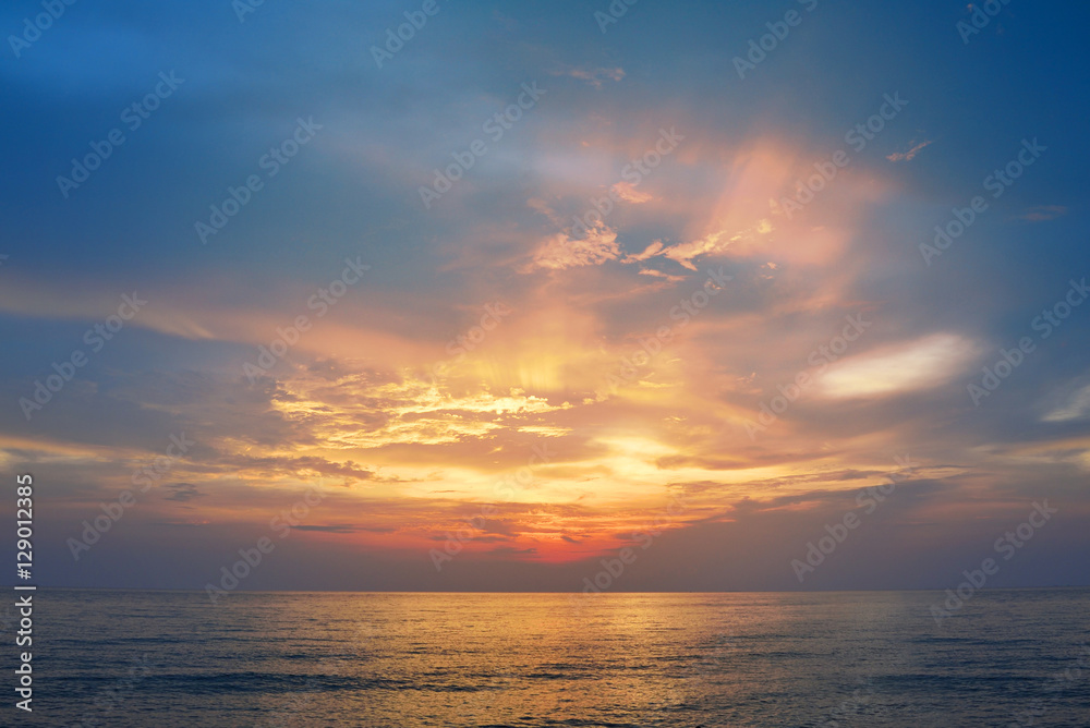 Beautiful blue sky over the sea at tropical sunset beach in the evening. Leam Sadej Beach, Chanthaburi, Thailand. copy space or background.