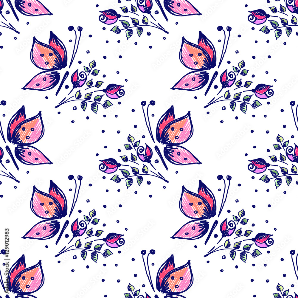 Seamless vector hand drawn seamless floral pattern with insect. Colorful background with flowers and butterfly. Decorative cute graphic drawn illustration.