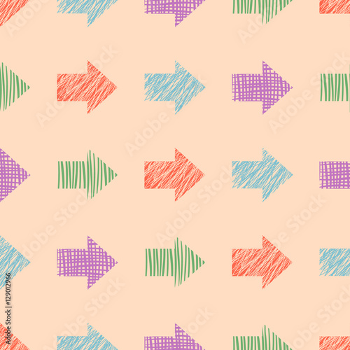 Seamless vector geometrical pattern with arrows. Red pastel endless background with hand drawn textured geometric figures. Graphic illustration