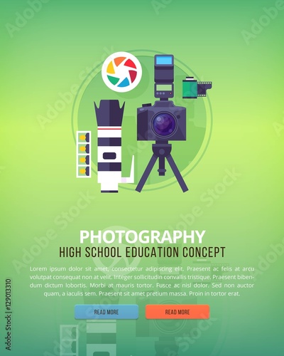 Set of flat design illustration concepts for photography. Education and knowledge ideas. Informational technologies and digital arts.