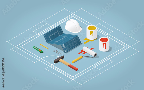 Isometric vector apartment room renovation illustration. Toolbox set: blueprint plan of room, buckets with paint, paint roller, helmet, hammer, nails, knife pencil. Repair and construction concept.