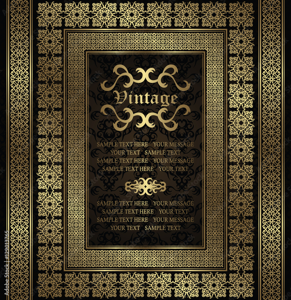 Fototapeta premium Vintage invitation with a gold frame and borders on seamless background