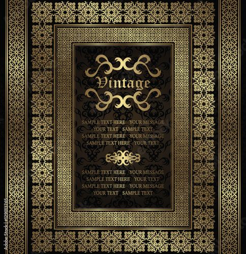 Vintage invitation with a gold frame and borders on seamless background