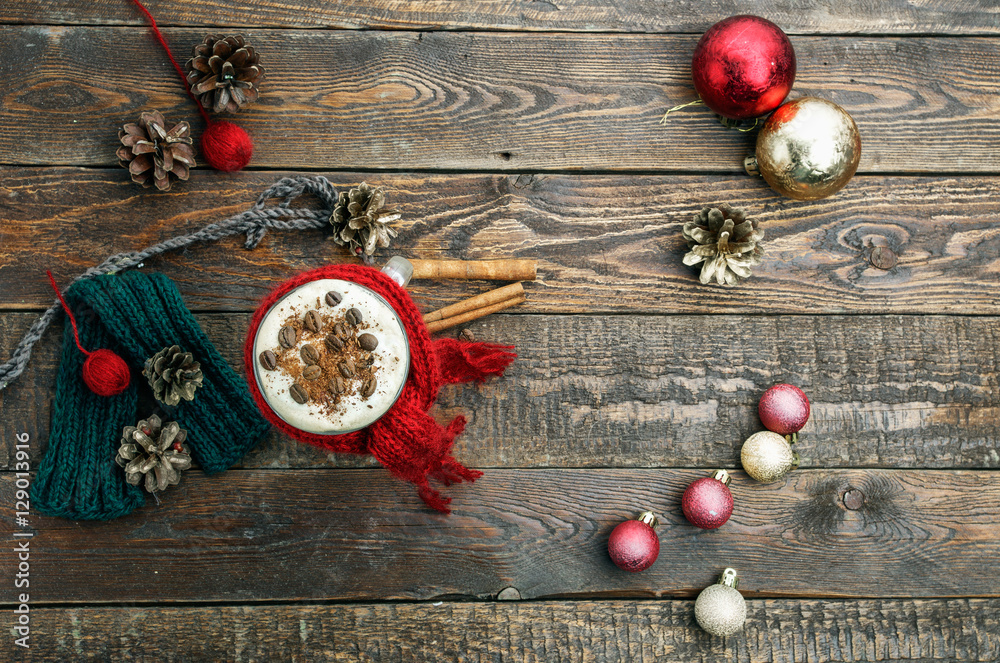 Coffee with christmas decorations. Top view Coffee with christmas decorations. Top view