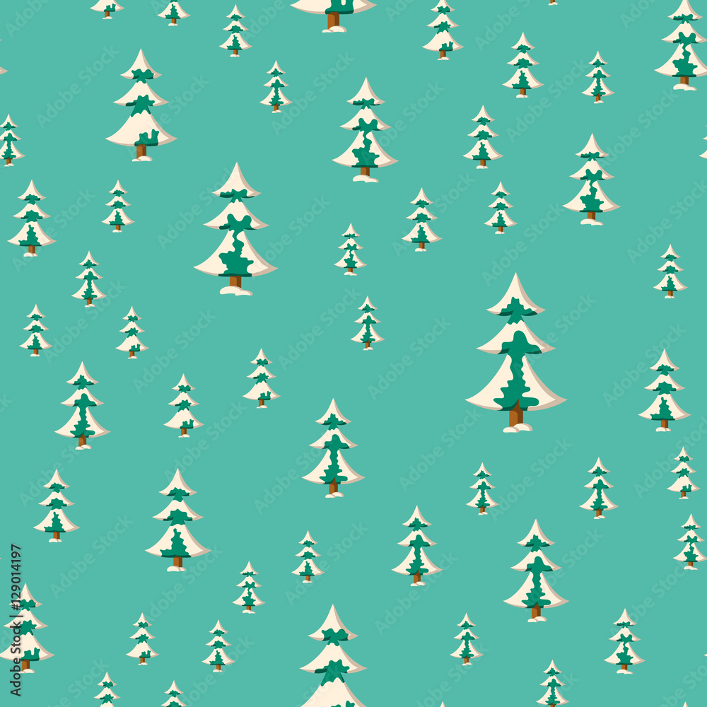 Seamless Christmas pattern with flat colored snowy fir trees