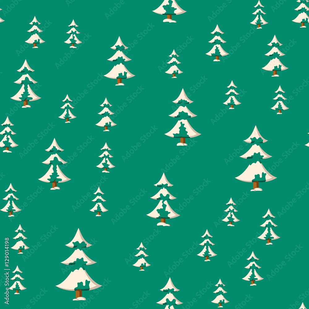 Seamless Christmas pattern with flat colored snowy fir trees