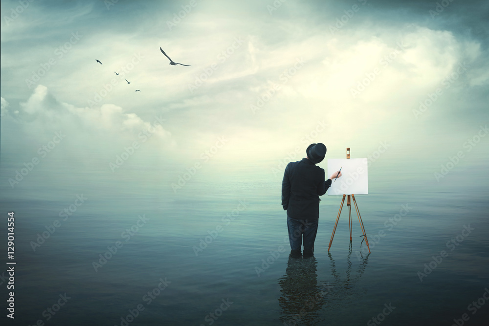 surrealistic painter artist in the water painting on a canvas - obrazy, fototapety, plakaty 