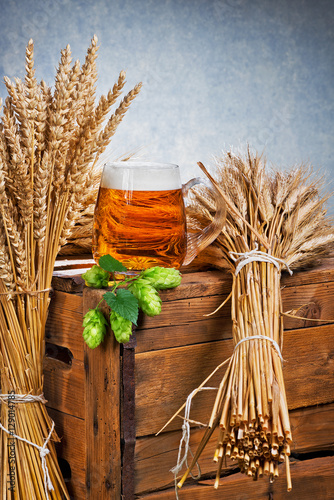 glass of beer and raw material for beer production
