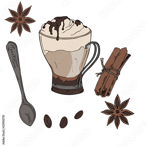 Cup of hot chocolate, cappuccino or cocoa. Teaspoon, anise stars, coffee beans and cinnamon. Hand drawn vector illustration.