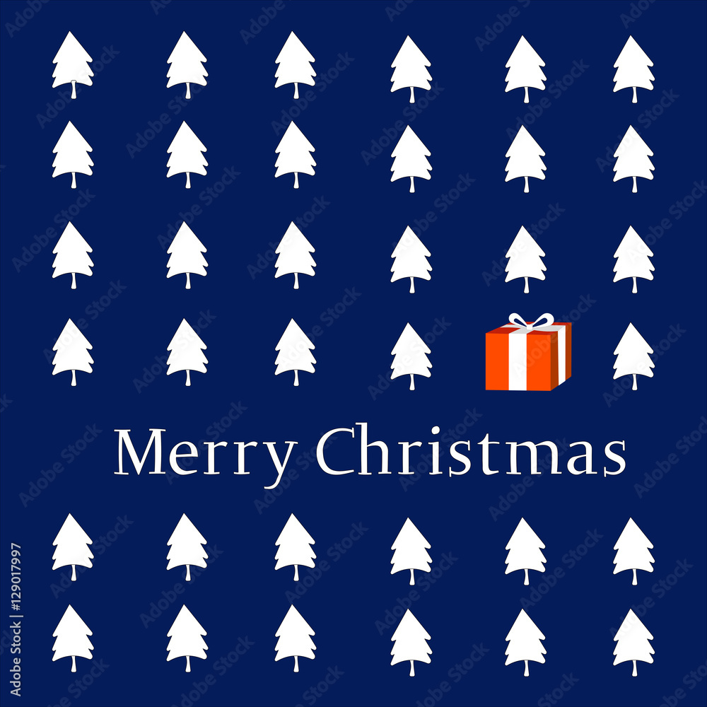 Merry Christmas, wishes: white trees and one red gift with dark blue background.