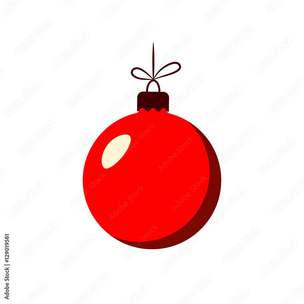 Christmas tree ball with bow. Red bauble decoration, isolated on white background. Symbol of Happy New Year, Xmas holiday celebration, winter. Flat design for card. Vector illustration Christmas tree ball with bow. Red bauble decoration, isolated on white background. Symbol of Happy New Year, Xmas holiday celebration, winter. Flat design for card. Vector illustration