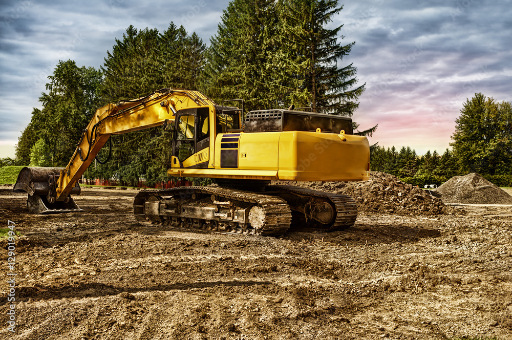 Obraz premium Excavator machinery at construction site, cloudy sky in background.