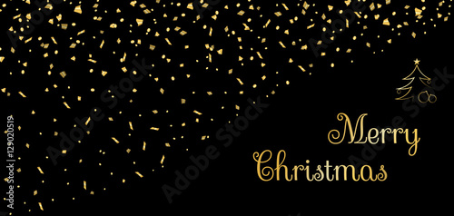 Merry Christmas background. Gold abstract template confetti for card, greeting, Xmas tree, celebrate banner, Light sparkle. Happy New Year celebration design. Golden decoration Vector illustration