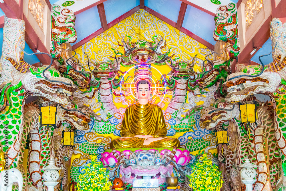  Buddha altar decoration at Buddhist temple in Vietnam Dalat