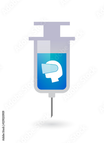 Isolated syringe with  a female head wearing a virtual reality h