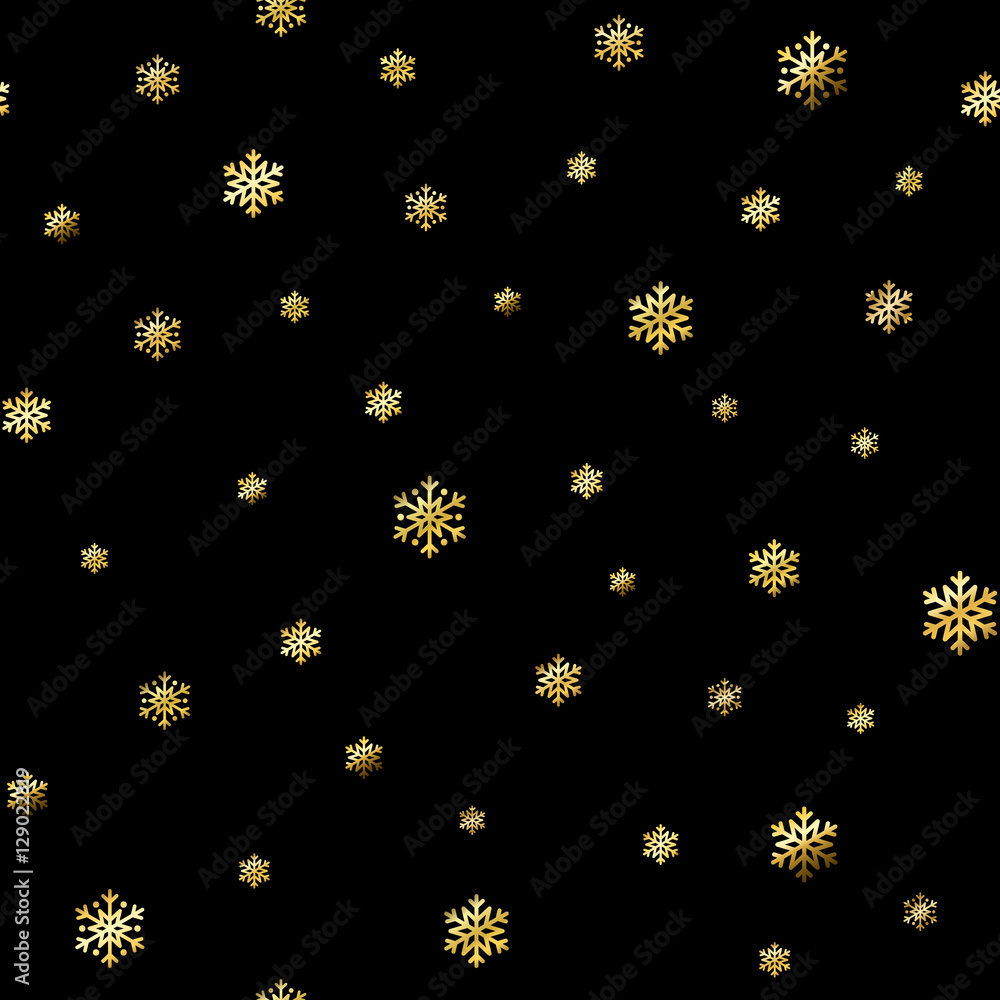 Christmas snowflake seamless pattern. Gold snow black background. Golden abstract wallpaper, wrapping texture. Symbol winter, Merry Xmas holiday, Happy New Year celebration. Vector illustration Christmas snowflake seamless pattern. Gold snow black background. Golden abstract wallpaper, wrapping texture. Symbol winter, Merry Xmas holiday, Happy New Year celebration. Vector illustration