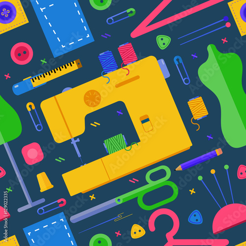 Textile design concept set with sewing. Seamless pattern. Vector flat illustrations