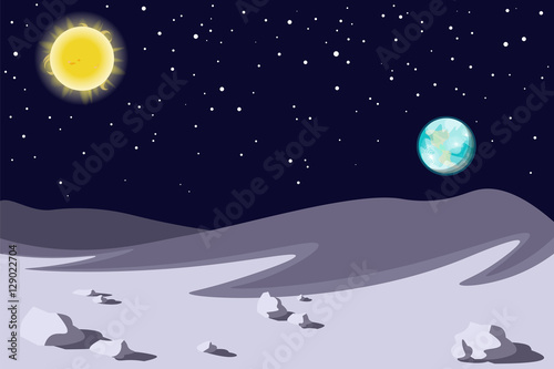 Lunar landscape. Planet earth sun in the sky. Vector