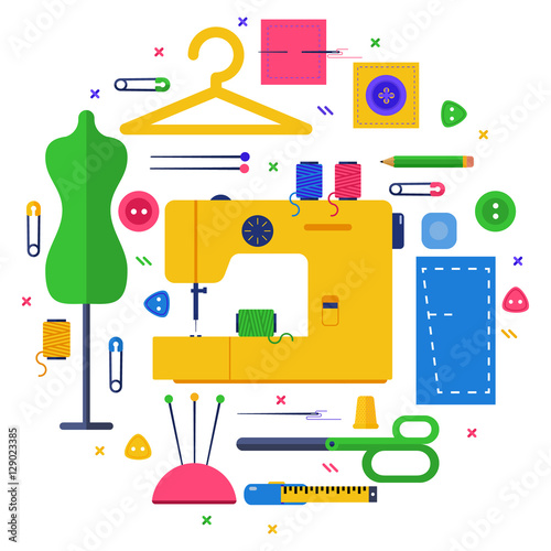 Handmade. Textile design concept set with sewing. Vector flat illustrations