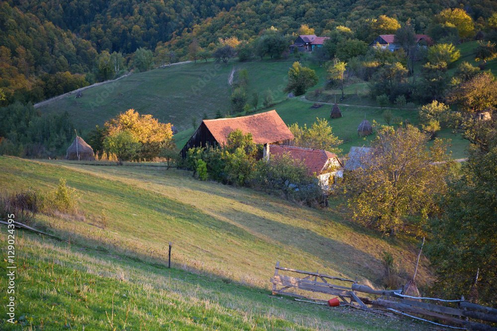 Evening sunset on mountain hills of Simon village. Bran. Evening sunset on mountain hills of Simon village. Bran.