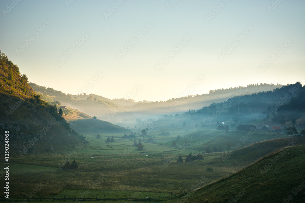 mountain landscape in autumn morning - Fundatura Ponorului, Romania. Remastered for canvas print