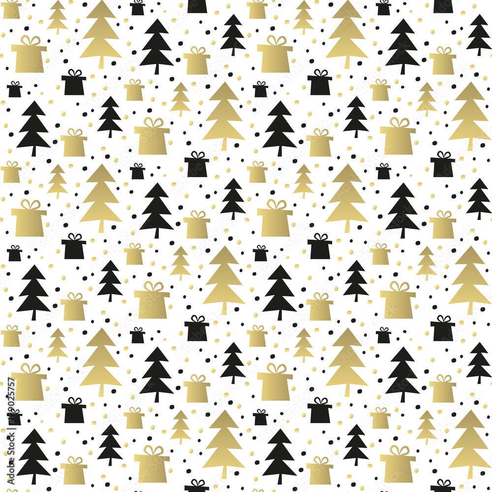Fototapeta premium Seamless pattern with gold and black christmas trees.
