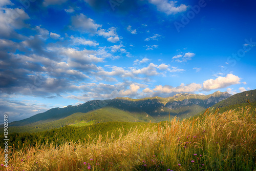 Evening, sunset on mountain hills of Simon village. Bran.