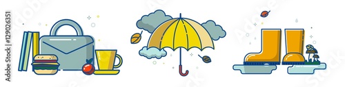 set of line illustration with autumn attribute: rubber boots, yellow umbrella, suitcase with lunch