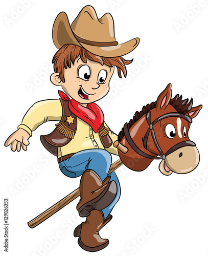 Vektor Illustration eines kleinen Cowboys mit Spielzeugpferd