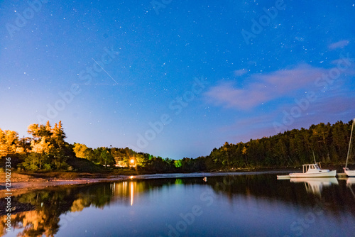Stars and reflections on the Union River in Ellsworth Maine at the Watefront Park and Marina photo