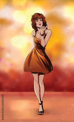 The  brunette hair girl sends an air kiss