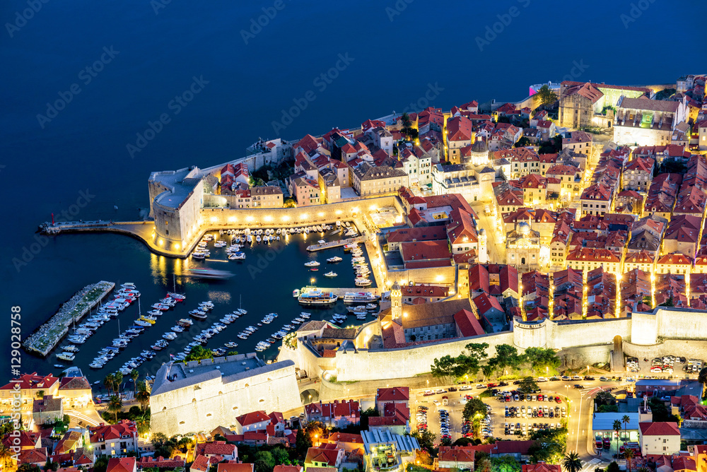 Aerial view of Dubrovnik old town with habor