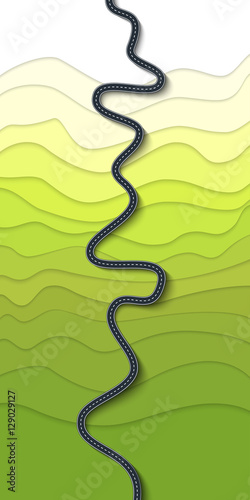 Beautiful Winding Road on a Mountain Slope. Mountain serpentine top view. Road trip and Journey route. Vector EPS 10
