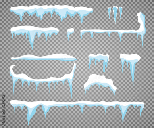 Set of snow icicles isolated on transparent background. Vector illustration