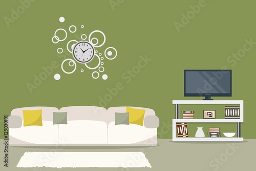 Living room in olive color. There is a white sofa, home cinema, a round clock on the wall and other objects in the picture. Vector flat illustration