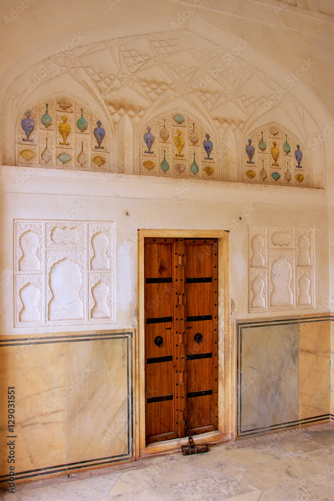Wooden door in Sukh Mahal (Hall of Pleasure) in Amber Fort, Raja