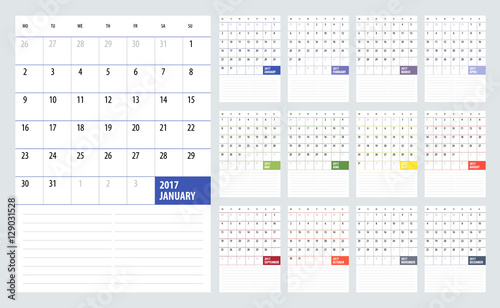 Calendar Planner for 2017 Year. Vector design template with place for notes. Week starts Monday. A4. Vertical orientation