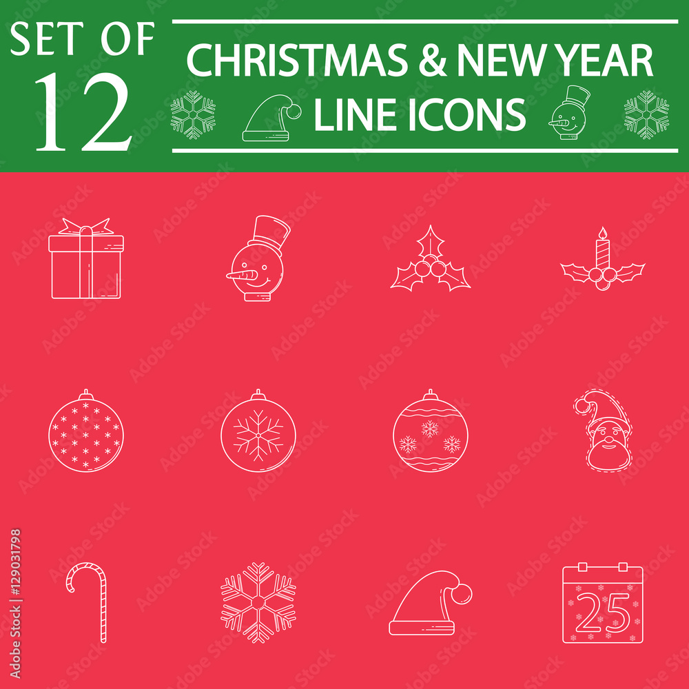 Fototapeta premium Happy New Year and Christmas line pictograms package, 2016 symbols collection, vector sketches, logo illustrations, colorful linear icons isolated on white background, eps 10.