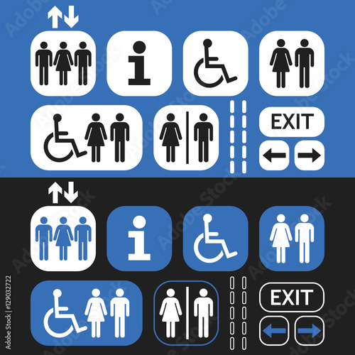 White and blue line and silhouette Man and Woman public access icons set on blue and black background